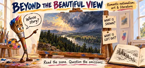 Hand-drawn paintbrush examines a Romantic river landscape and asks whose story it tells and what it leaves out.