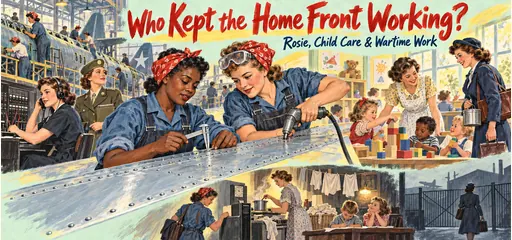 Hand-drawn women rivet and inspect an aircraft wing beside wartime telephone and military service, a child-care center, and scenes of household labor and postwar job displacement.