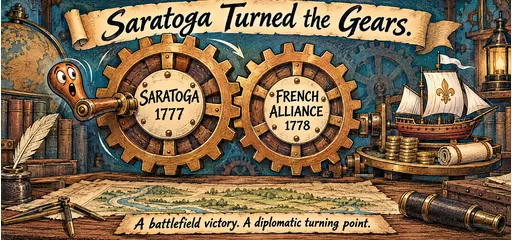 Handwritten gear-workshop comic links Saratoga in 1777 to the French alliance in 1778, illustrated with a French ship, coins, and supplies.