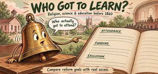 Hand-drawn comic of an inquisitive school bell pointing to attendance, funding, and exclusion records to compare education reform goals with actual access before 1860.
