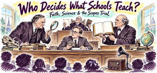 Hand-drawn courtroom classroom shows Darrow questioning Bryan beside teacher Scopes, a fossil, an open Bible, and a judge holding a separate conviction paper and law book, with radio coverage below.
