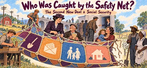 Hand-drawn Frances Perkins and community members weave a patchwork safety net for work relief, insurance, and family assistance while farm and domestic workers stand beyond its original coverage.