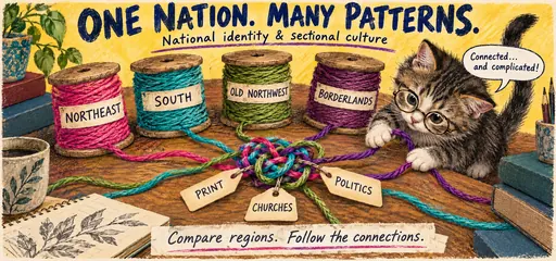 Hand-drawn comic of a kitten untangling distinct regional yarn strands connected through print, churches, and politics.