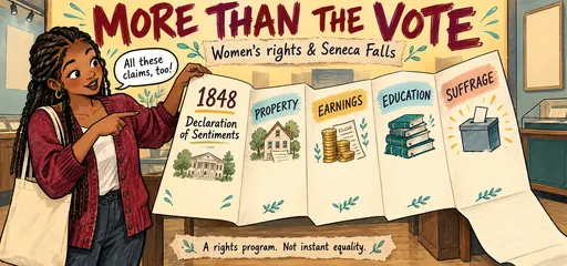 Comic history student unfolds the 1848 Declaration of Sentiments display with demands for property, earnings, education, and suffrage.