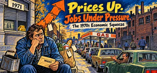 Hand-drawn comic of a worried worker with a wage envelope, rising grocery price tags, a 1970s gasoline queue, factory job losses, and the closed 1971 gold-exchange window.