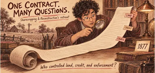 Copper-ink archival comic of a modern history student examining a long study document with land, credit and courts tabs beside an 1877 card, highlighting questions about power and Reconstruction’s retreat.