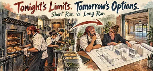 Hand-drawn short run and long run comic contrasting a restaurant working within a fixed kitchen with its owner and architect planning adjustable space and equipment.