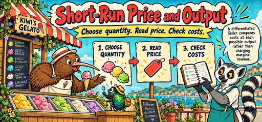 Kiwi gelato seller and lemur accountant compare quantity, price and costs in an original comic illustration.