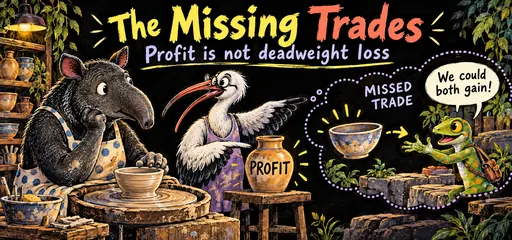 Scratchboard comic with a tapir potter, an ibis pointing to a profit jar, and a gecko imagining an unrealized beneficial bowl purchase.