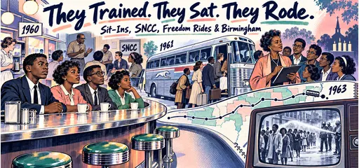Hand-drawn civil-rights students at a lunch counter, nonviolence training, interracial Freedom Riders boarding a bus, and Birmingham demonstrations shown on television.