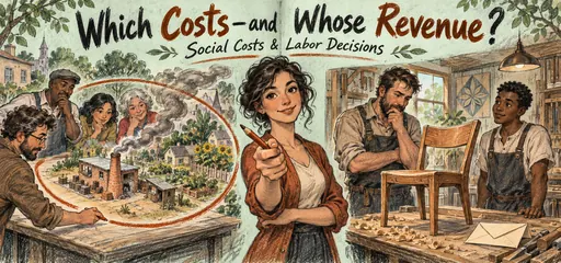 Hand-drawn social and factor market comic contrasting a community accounting for workshop pollution with a carpenter comparing an additional workers output and hiring cost.