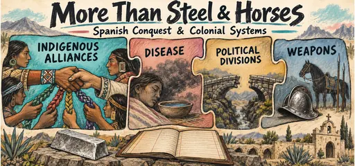 Pastel-and-charcoal comic uses four interlocking puzzle pieces to represent Indigenous alliances, disease, political divisions and weapons, above a tribute ledger, silver ingot and mission.