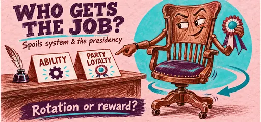 Hand-drawn swivel chair considers ability and party loyalty, illustrating the debate over rotation in office and patronage in Jackson’s presidency.