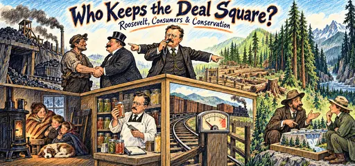 Colored-pencil comic of Roosevelt refereeing a coal dispute above a warming family, food inspection, railroad regulation and a debate over forest conservation and preservation.