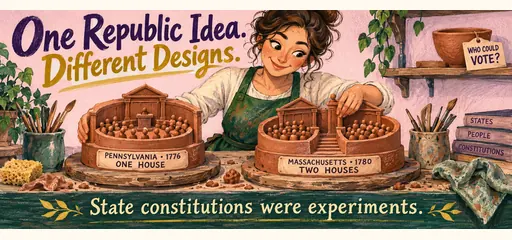 Handwritten pottery-studio comic comparing Pennsylvania’s 1776 one-house legislature with Massachusetts’s 1780 two-house design and asking who could vote.