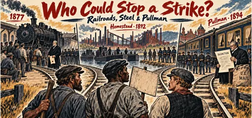 Hand-carved linocut comic showing railway and steel workers facing the different strikebreaking mechanisms of 1877, Homestead in 1892, and Pullman in 1894, including troops, barges, and a federal injunction.