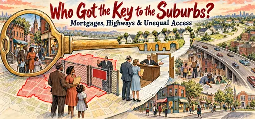 Hand-drawn house key over a metropolitan map showing suburban mortgages, racially unequal lending access, highway displacement, and urban community life.