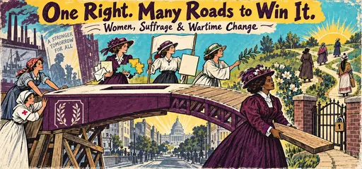 Handmade screenprint comic of women building a ballot-box bridge through organizing, picketing and peace activism, with a Black suffragist confronting a separate registration gate.