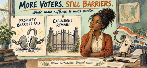 Hand-drawn history student compares falling property barriers with remaining voting exclusions, beside a campaign megaphone illustrating mass-party mobilization.