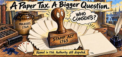 Handwritten printer-workshop comic shows the Stamp Act of 1765, molasses in 1764, and the unresolved question of consent after repeal in 1766.