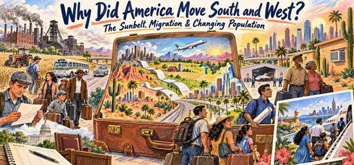 Hand-drawn open suitcase connecting farms and older industrial cities to Sunbelt skylines, highways, air travel, jobs, moving families, and retirees.