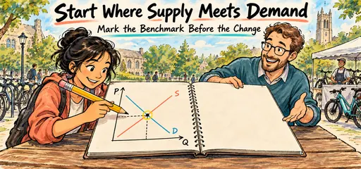 Hand-drawn supply and demand comic showing a student marking the original intersection and its price and quantity guides before drawing any market change.