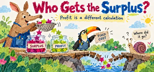 Torn-paper comic with an aardvark shopkeeper, separate surplus and profit jars, a toucan pointing to fixed cost, and a snail beside a broken bridge of lost trades.
