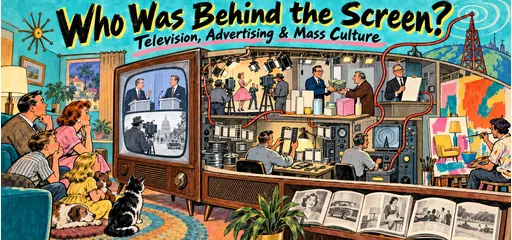 Hand-drawn cutaway television cabinet showing a family audience, studio cameras, commercial sponsors, film editors, a broadcast license, and an artist reworking consumer imagery.