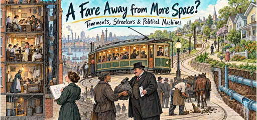Architectural pencil and watercolor comic connecting a tenement cutaway and garment workshop, an electric streetcar, suburban homes and water pipes, a housing investigator and a ward captain offering coal beside a ballot.