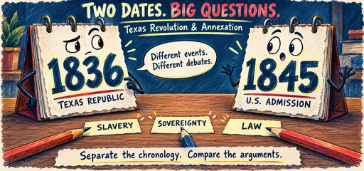 Hand-drawn comic of calendars distinguishing the Texas republic in 1836 from U.S. admission in 1845, with slavery, sovereignty, and law as debate topics.