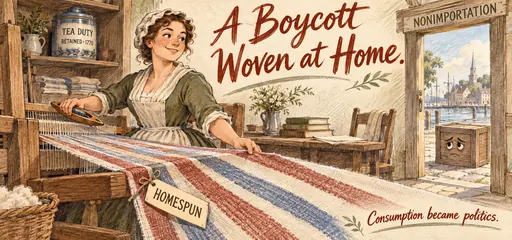Handwritten homespun comic shows a colonial woman weaving cloth during nonimportation, with the tea duty retained in 1770.