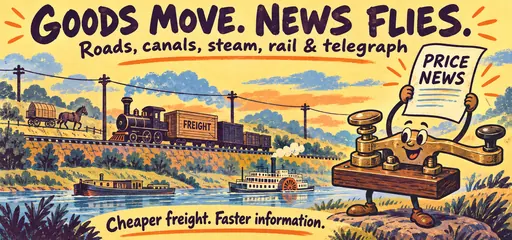 Hand-drawn telegraph key holds price news beside a freight train, wagon, canal boat and steamboat, contrasting goods transport with faster information.
