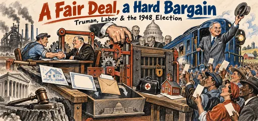 Hand-drawn policy workbench showing collective bargaining under congressional restrictions, partial Fair Deal legislation, judicial limits, and Truman’s 1948 whistle-stop campaign.