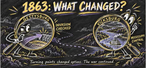 Saffron and lavender chalk comic of magnifying-glass detectives examining Gettysburg’s checked invasion and Vicksburg’s Mississippi control, with a reminder that the war continued.