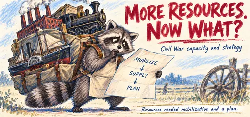 Hand-drawn raccoon study mascot carries factory, locomotive and ship models while checking a mobilization, supply and strategy plan for the Civil War.