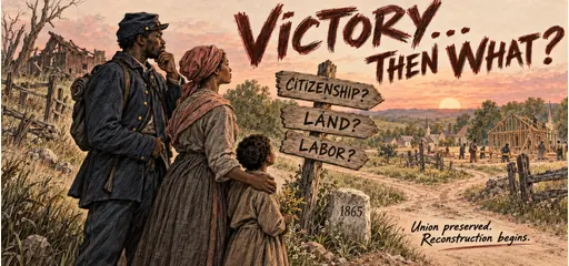 Red-chalk and graphite graphic novel scene of a Black Union veteran, woman and child in 1865 facing questions about citizenship, land and labor as Reconstruction begins.