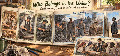 Gouache and fountain-pen sketchbook comic comparing separate carpenter, printer, and machinist craft unions with an industrial railway union, its racial exclusion, and an inclusive Lawrence textile-worker meeting.