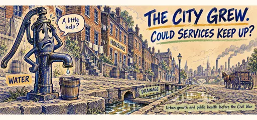 Blue ballpoint comic of an overwhelmed street water pump beside crowded brick housing and an open drainage channel, illustrating antebellum urban growth and lagging public services.