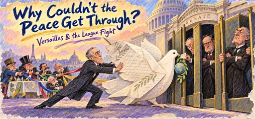 Colored-pencil comic of Wilson pushing a treaty-paper peace dove toward skeptical senators while European diplomats tug ribbons, illustrating Versailles and the League ratification fight.