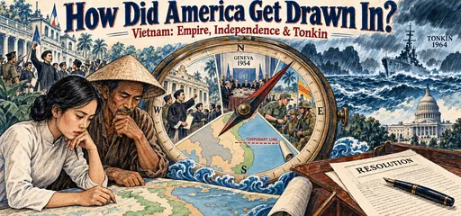 Hand-drawn compass comic linking Vietnamese independence, the 1954 Geneva temporary regroupment line, American advisers, the Gulf of Tonkin, and congressional authorization.