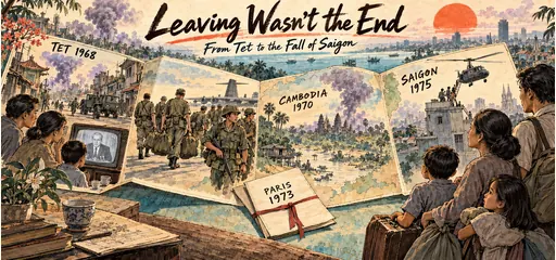 Hand-drawn watercolor history panels showing Tet in 1968, American troop withdrawal, Cambodia in 1970, the Paris agreement in 1973, and a Vietnamese family facing the fall of Saigon in 1975.