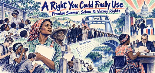 Hand-drawn comic linking Freedom Summer schools, Selma marchers, and federal voter registration enforcement in 1964 and 1965.