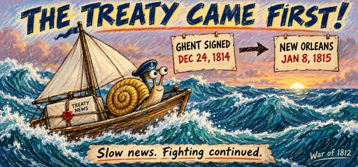 Hand-drawn snail courier sails with treaty news; Ghent was signed December 24, 1814, before the Battle of New Orleans on January 8, 1815.
