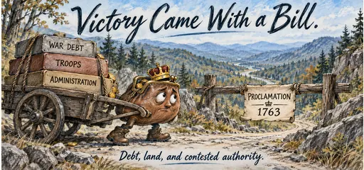Handwritten comic shows a crowned purse pulling war-debt, troops, and administration costs beside a Proclamation of 1763 barrier in wooded mountains.