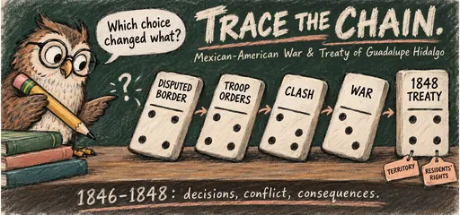 Hand-drawn comic of an owl tracing disputed borders, troop orders, a clash, war, and the 1848 treaty as a sequence of historical decisions.