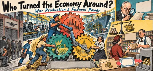 Hand-drawn interlocking gears connect factory workers, farming, and federal coordination beside wartime production, contract oversight, ration coupons, wages, and bond financing.