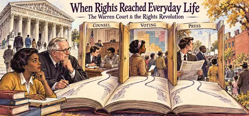 Hand-drawn lawbook opening into courtroom counsel, voting districts, and press freedoms, with a law student and judge studying how Warren Court rulings reached daily life.