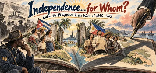 Charcoal and chalk comic of an open treaty book becoming Cuban and Philippine island scenes, independence advocates, a Black American regular soldier and a treaty pen casting a shadow across the islands.
