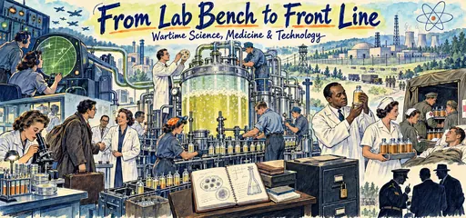 Hand-drawn radar operators, refugee scientists, penicillin fermentation workers, and a blood-banking physician connect wartime research to production and medical care beside a guarded atomic research site.