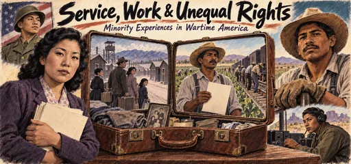 Hand-drawn suitcase scenes distinguish Japanese American incarceration, Mexican Bracero contract labor, Nisei military service, and Native wartime communications work.